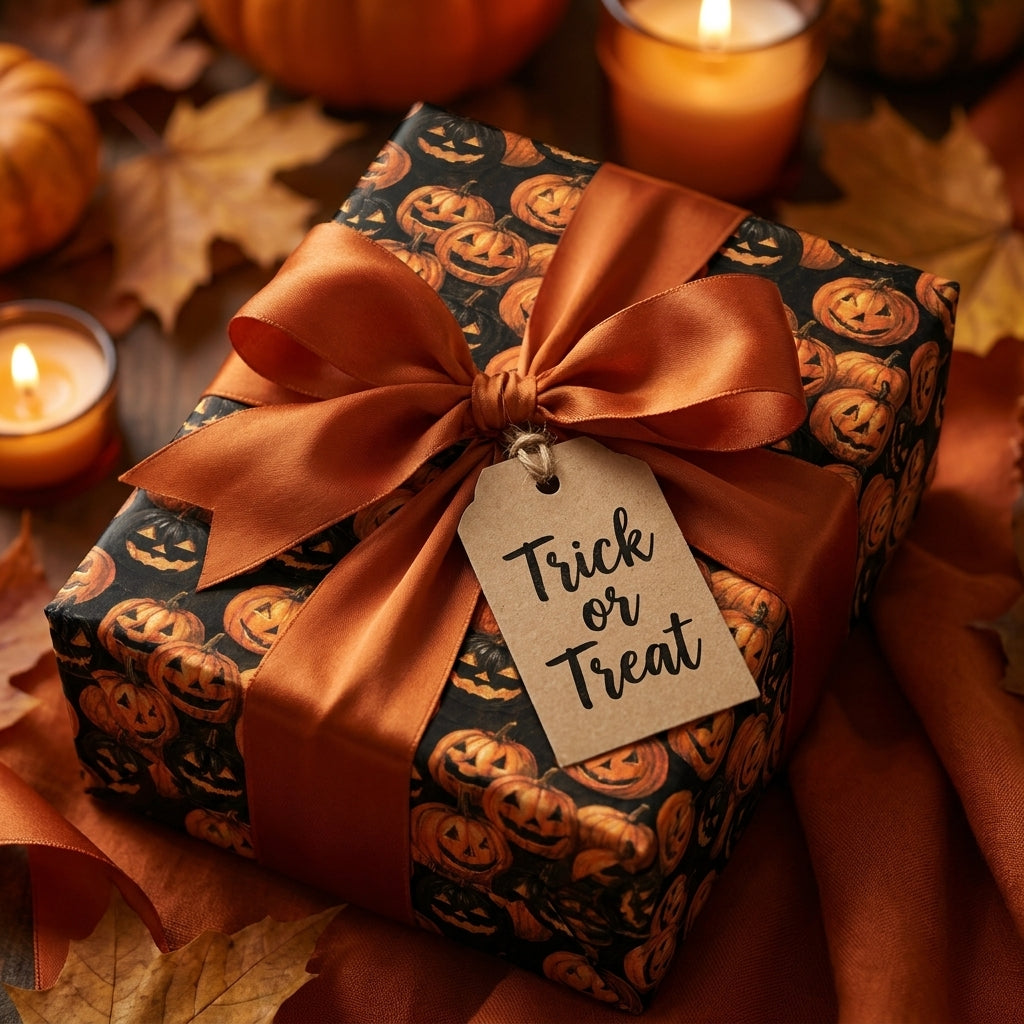 Pumpkin Halloween wrapping paper with orange satin bow and Trick or Treat tag by Wrapped Studios.