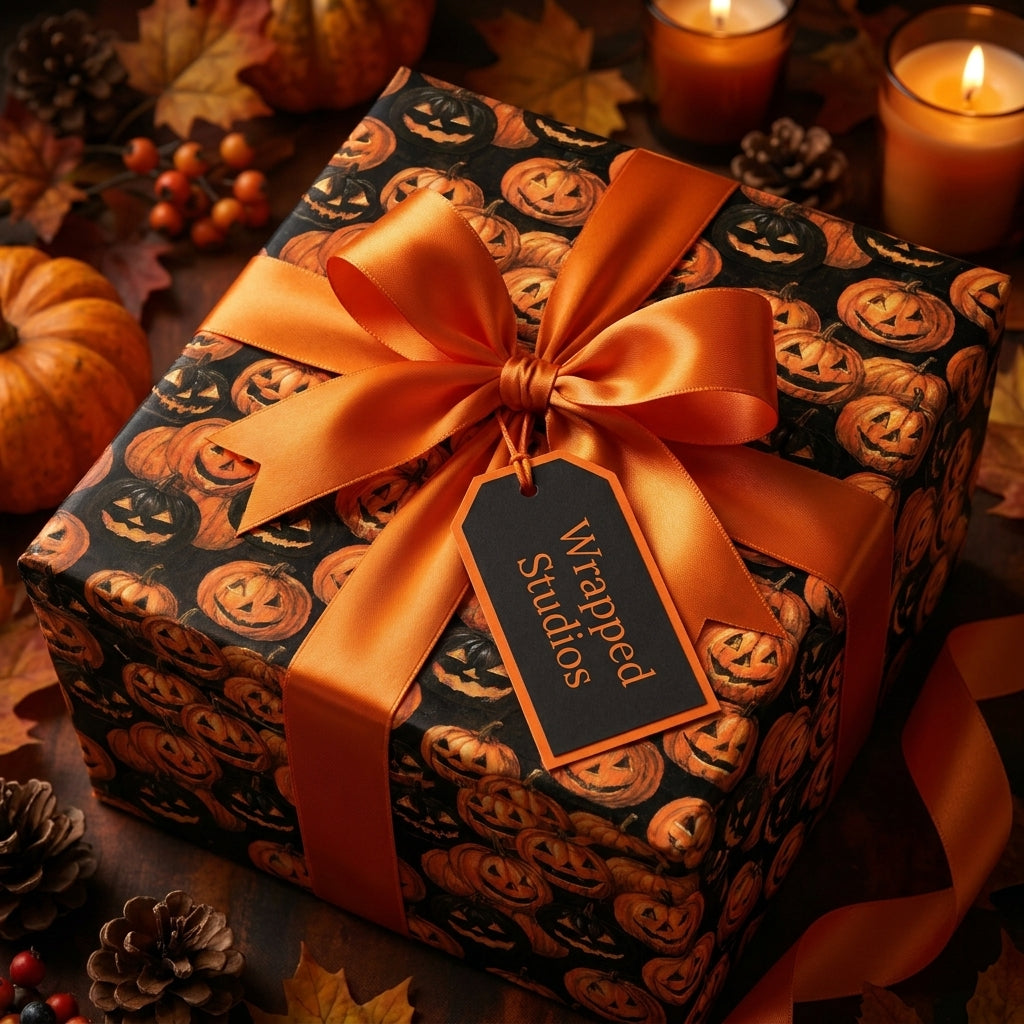 Halloween wrapping paper with spooky pumpkin pattern and luxury orange bow, by Wrapped Studios.