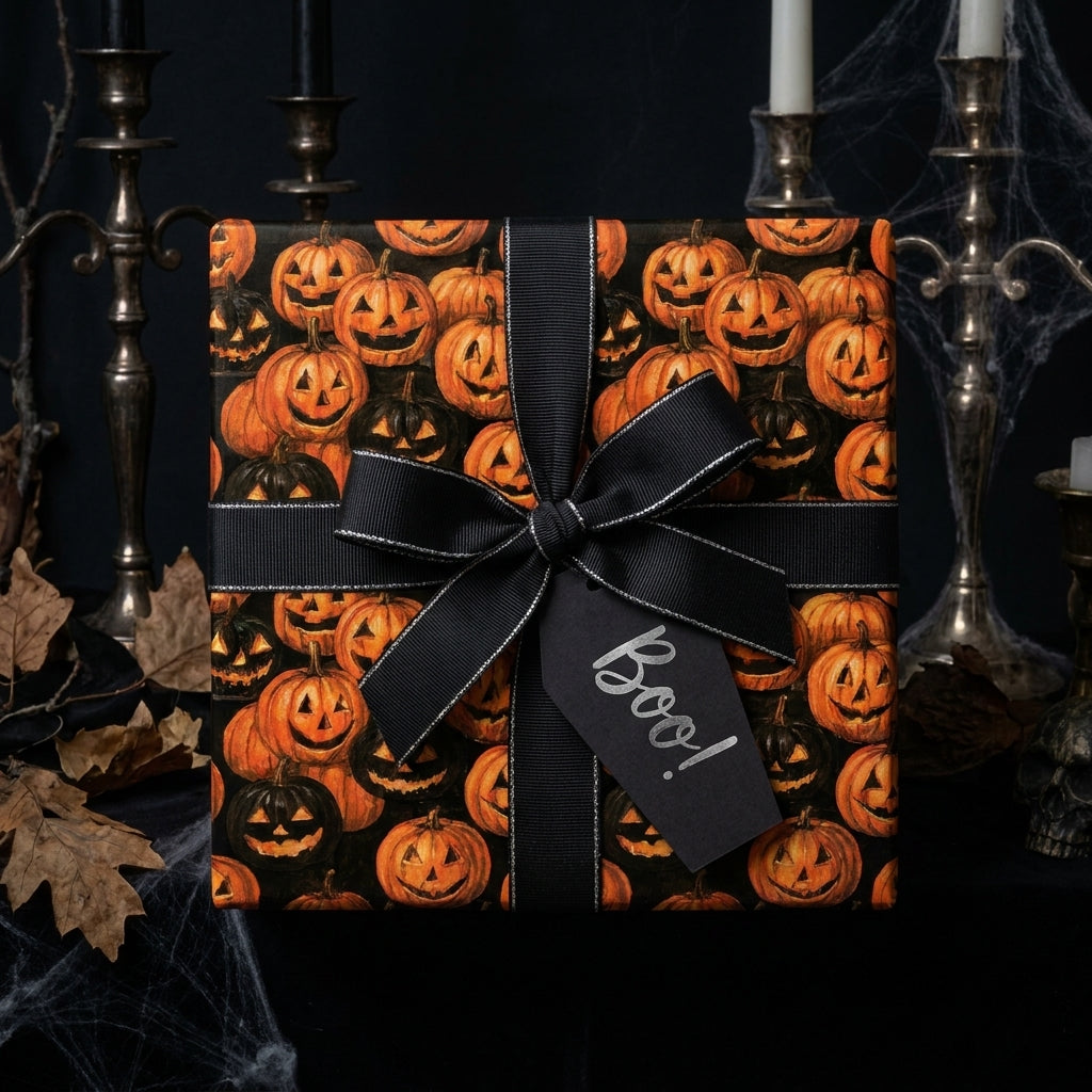 Halloween pumpkin wrapping paper with a black ribbon bow and "Boo!" tag by Wrapped Studios.
