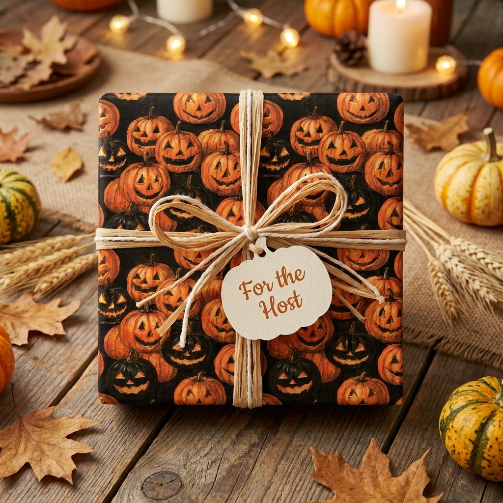 Halloween pumpkin wrapping paper with a rustic raffia bow and tag by Wrapped Studios.