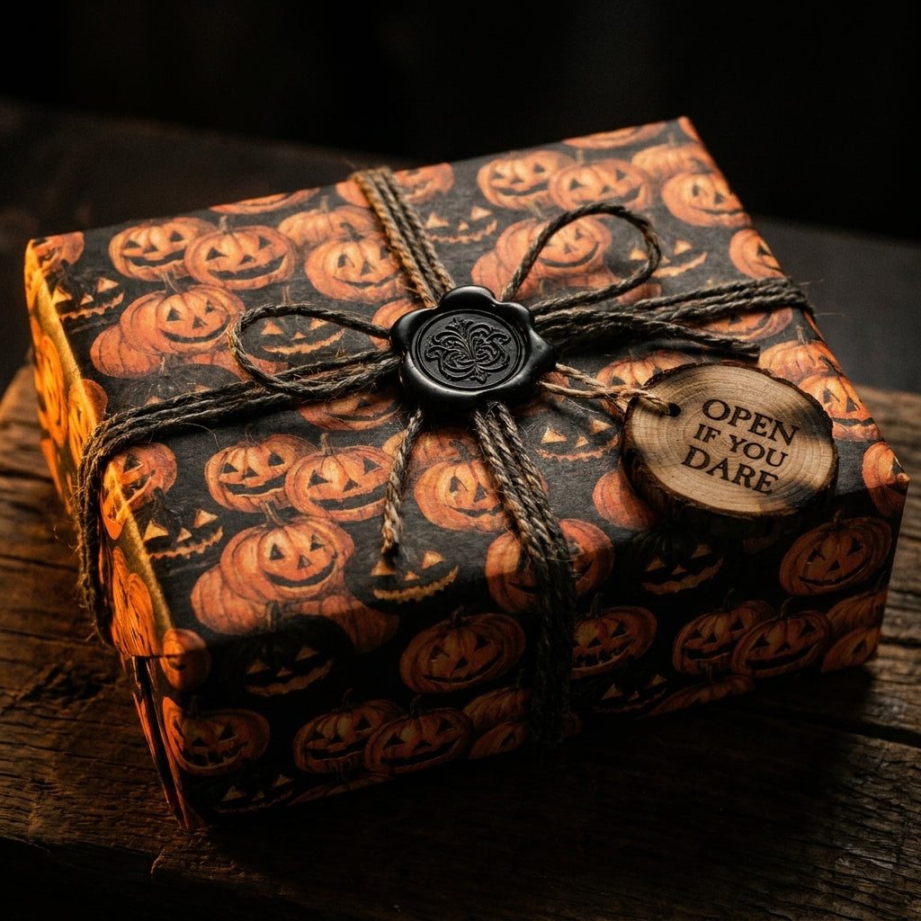 Spooky Halloween wrapping paper with jack-o'-lanterns, rustic twine, and wax seal by Wrapped Studios.