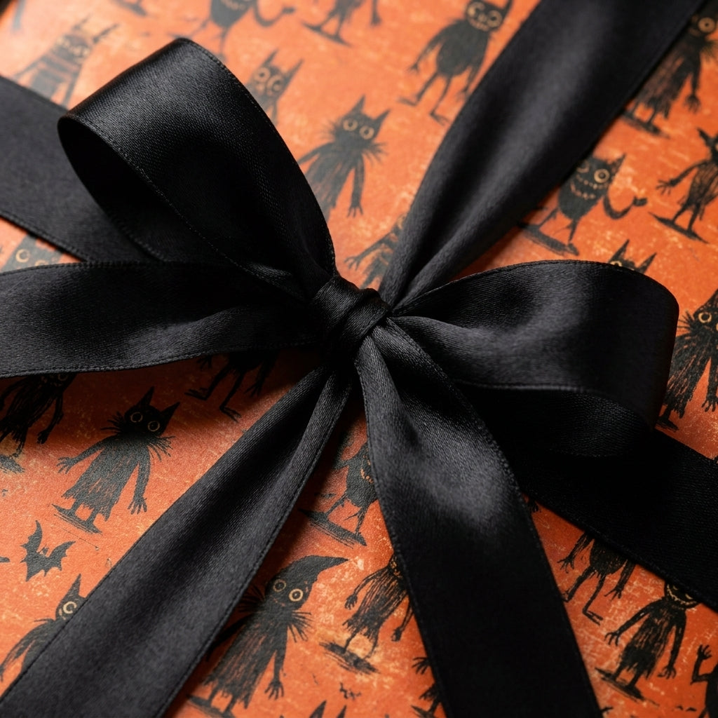 Spooky Halloween wrapping paper with black cats on orange, tied with a black satin bow. Wrapped Studios.