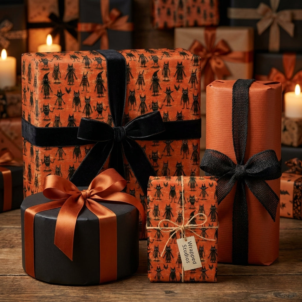 Spooky monster Halloween wrapping paper with black velvet ribbons by Wrapped Studios.