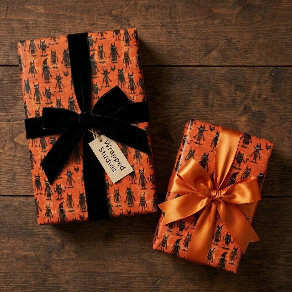 Spooky Halloween wrapping paper featuring cute monsters on gifts with velvet and satin bows by Wrapped Studios.