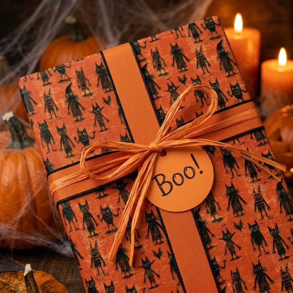 Spooky Halloween wrapping paper with black monsters, raffia bow, and "Boo!" tag by Wrapped Studios.