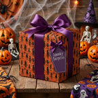 Orange Halloween wrapping paper with black cats and a purple satin bow on a gift box by Wrapped Studios.