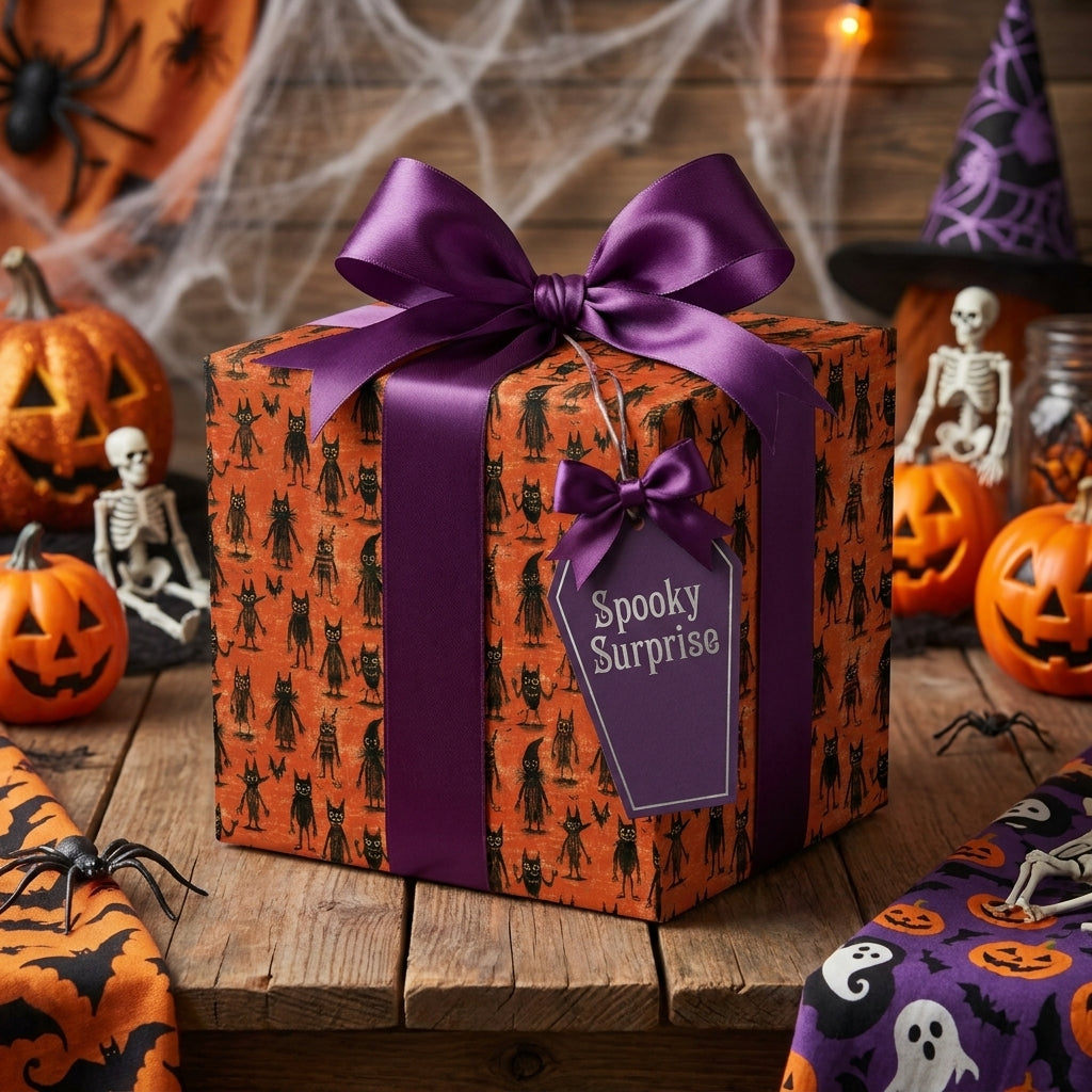 Orange Halloween wrapping paper with black cats and a purple satin bow on a gift box by Wrapped Studios.