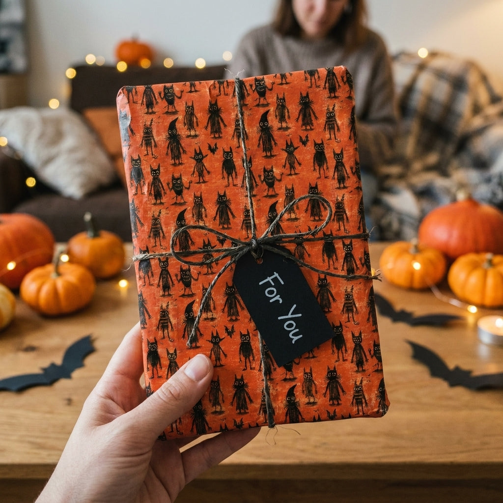 Spooky orange Halloween wrapping paper with black monsters and a twine bow, from Wrapped Studios.