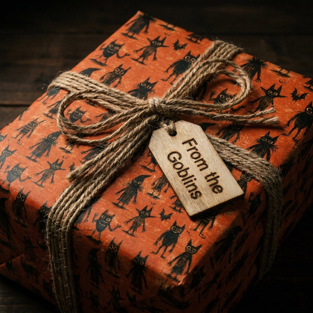 Spooky Halloween wrapping paper with cute black goblins on orange, tied with twine by Wrapped Studios.