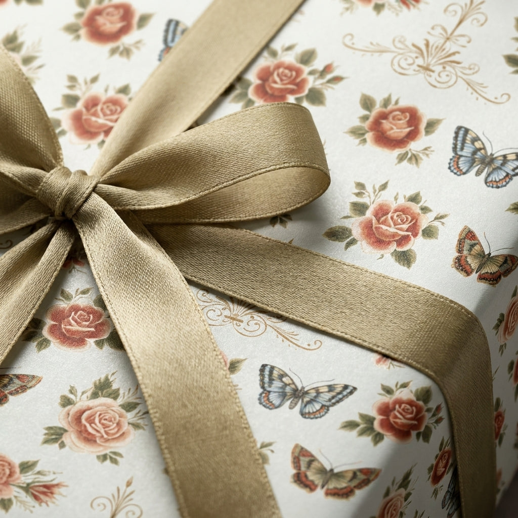 Vintage floral wrapping paper with roses and butterflies, tied with a gold satin ribbon by Wrapped Studios.