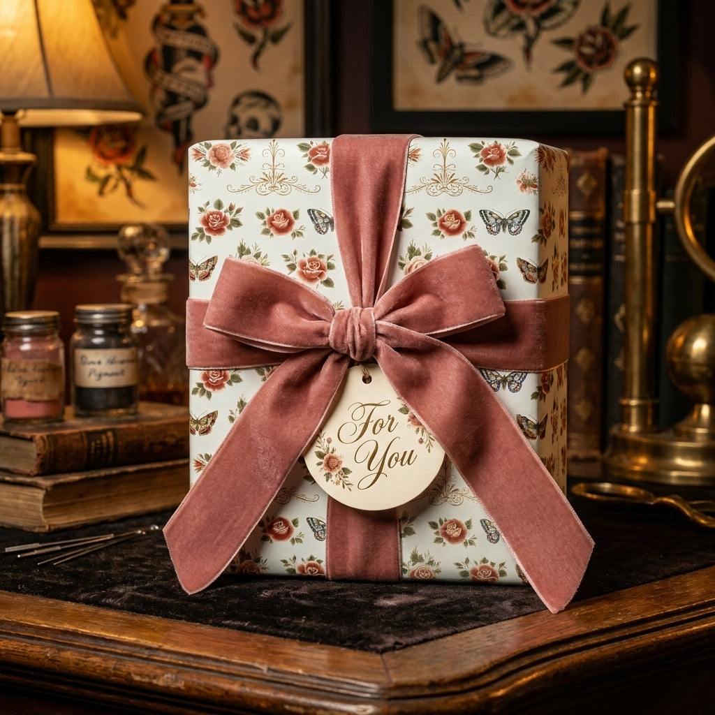 Vintage floral wrapping paper with a dusty rose velvet bow on a gift box, by Wrapped Studios.