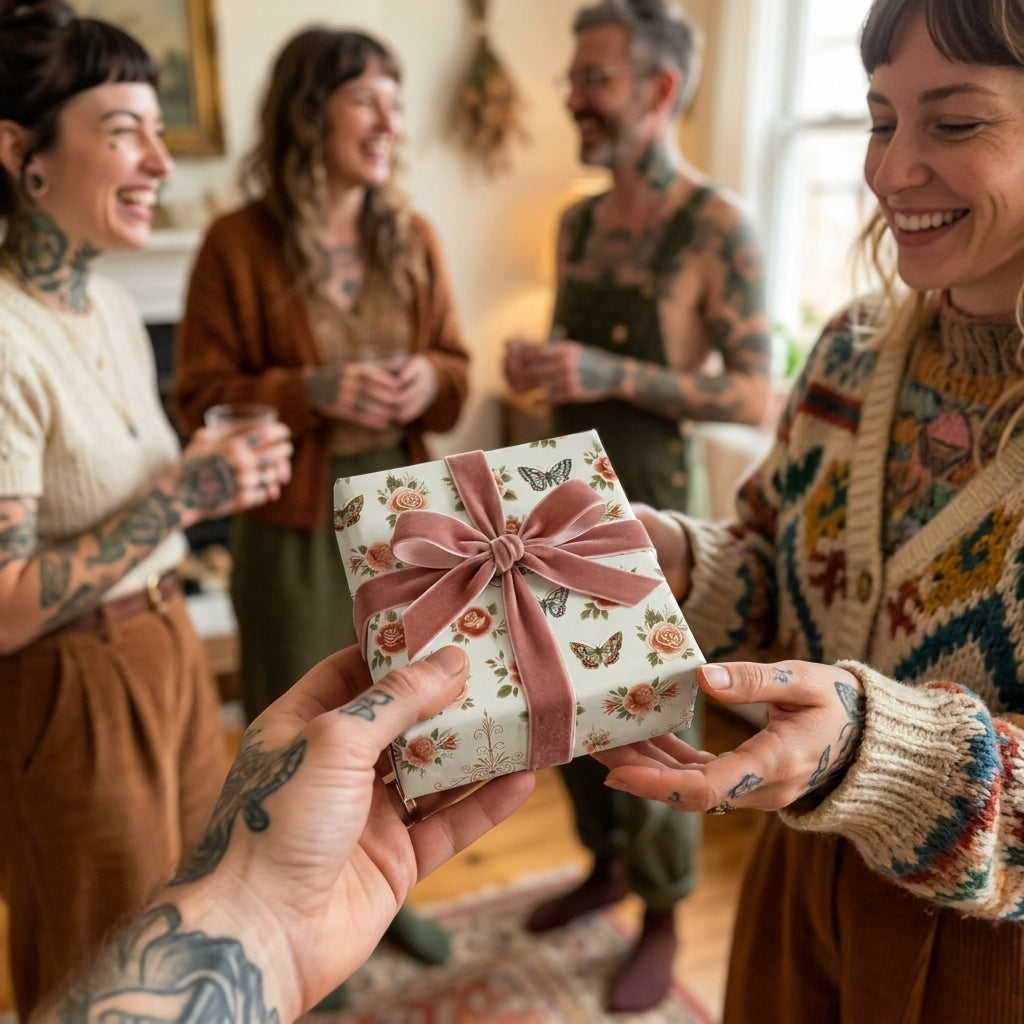 Exchanging a gift wrapped in vintage floral wrapping paper with a pink velvet bow by Wrapped Studios.