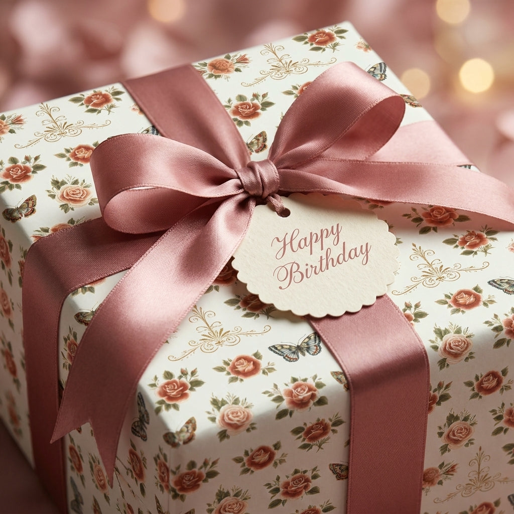 Vintage floral birthday wrapping paper with pink roses and satin ribbon by Wrapped Studios.