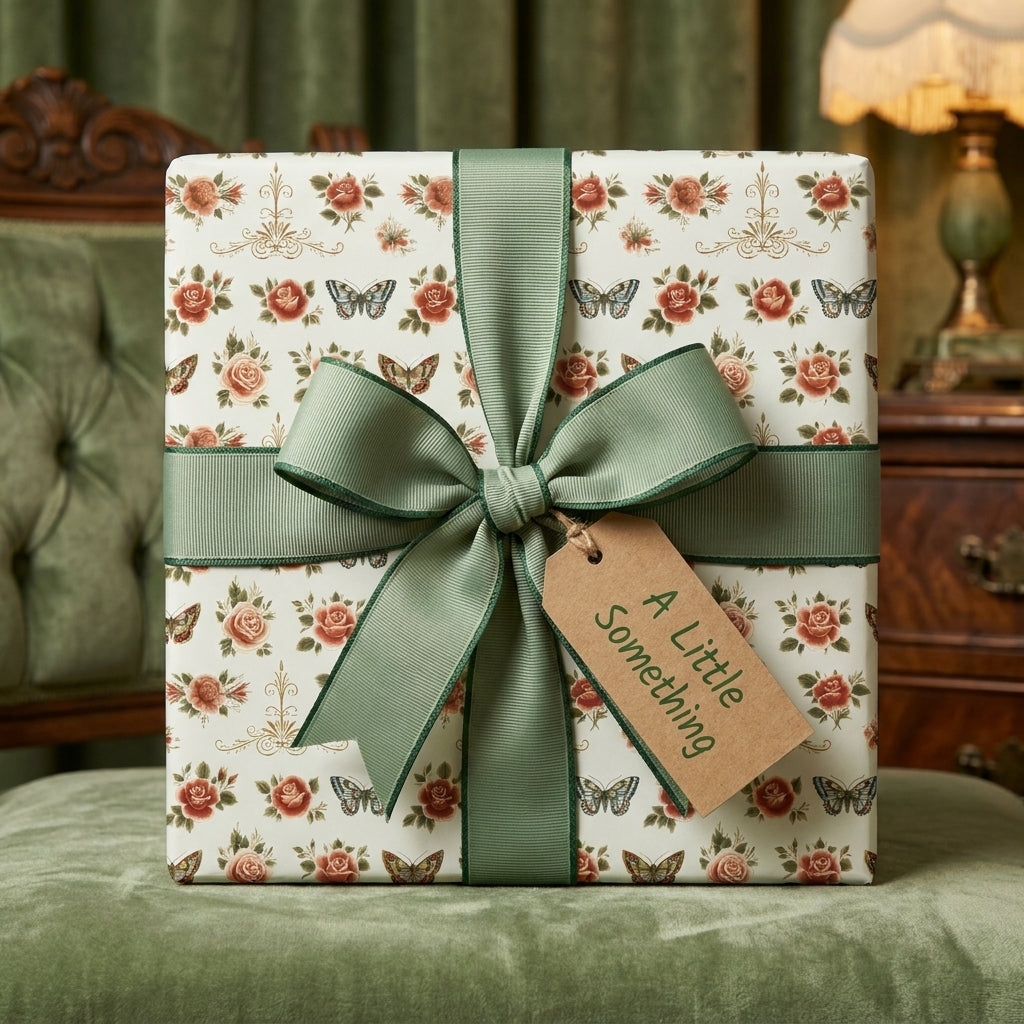 Vintage floral wrapping paper with roses and butterflies, tied with a sage green bow by Wrapped Studios.