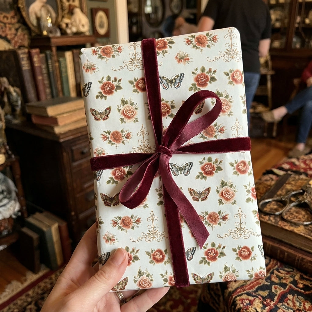 Vintage floral wrapping paper with butterflies and burgundy velvet ribbon by Wrapped Studios.