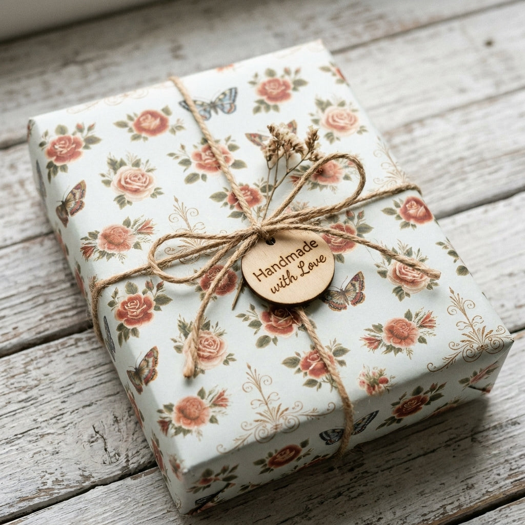 Vintage rose floral wrapping paper with butterflies and rustic twine on a gift box by Wrapped Studios.