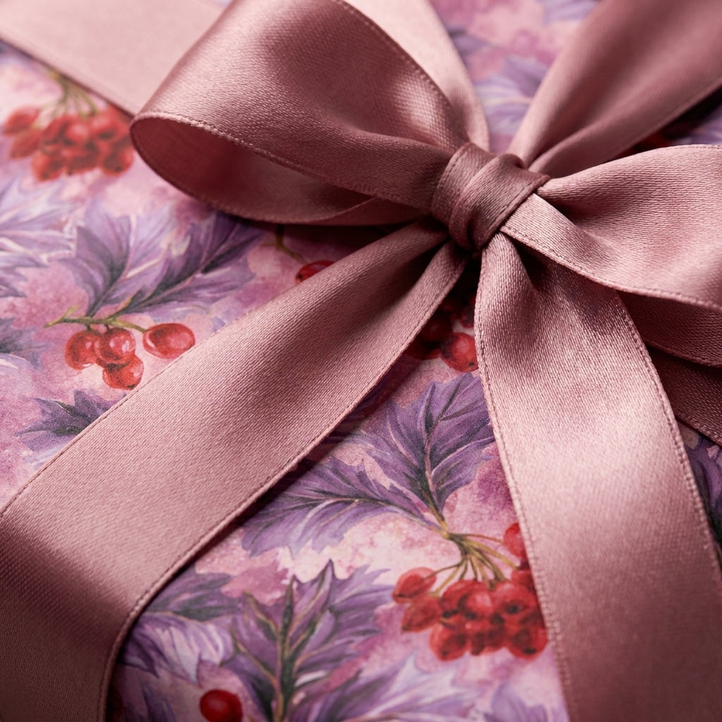 Luxury floral Christmas gift wrap with a mauve satin ribbon bow by Wrapped Studios.