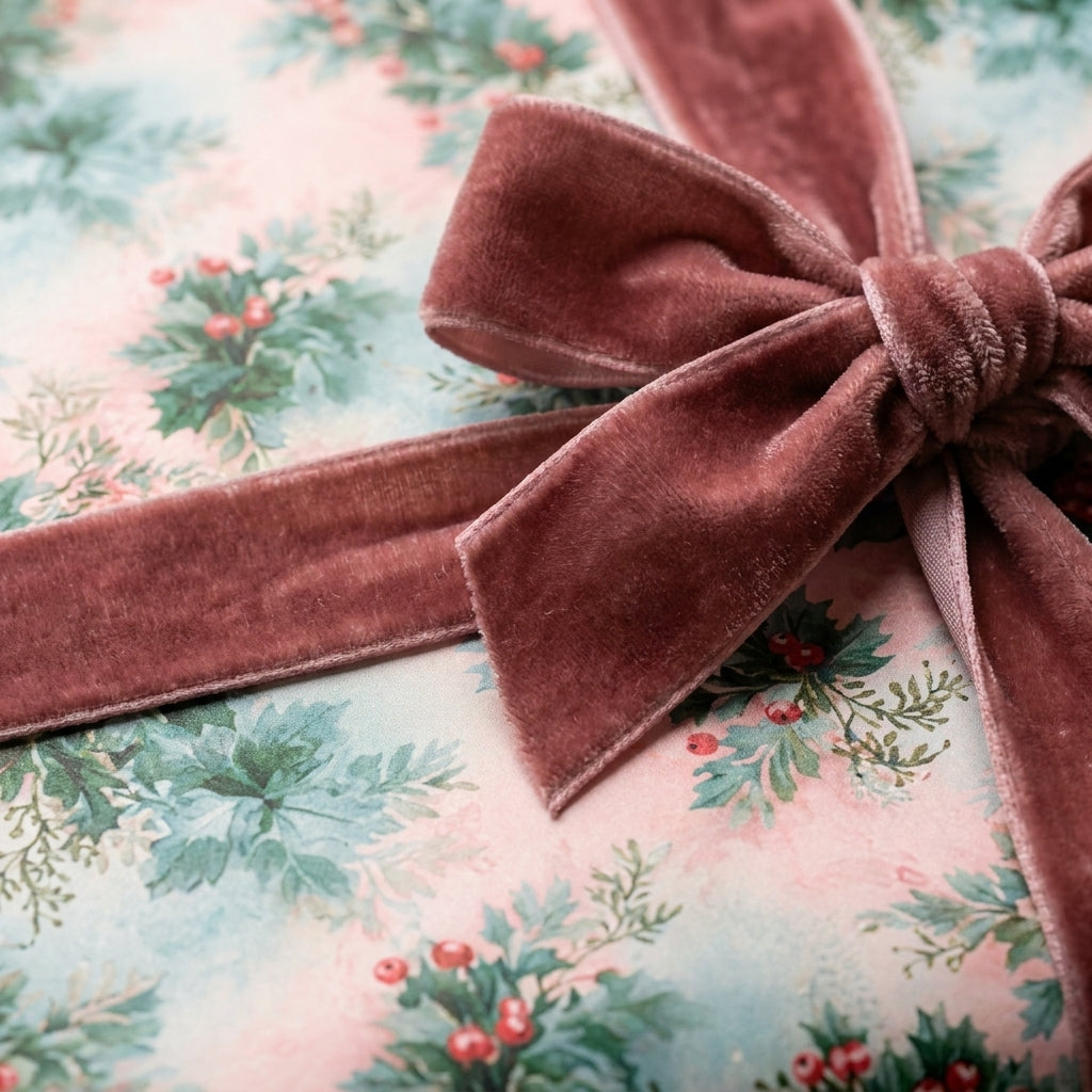 Luxury vintage Christmas wrapping paper with botanical holly print and a mauve velvet bow by Wrapped Studios.