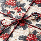 Vintage Christmas wrapping paper with holly, sheet music, and red twine bow by Wrapped Studios.