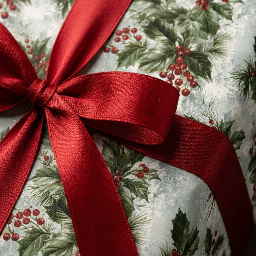Luxury Christmas gift wrap featuring a vintage holly pattern and red satin bow, by Wrapped Studios.
