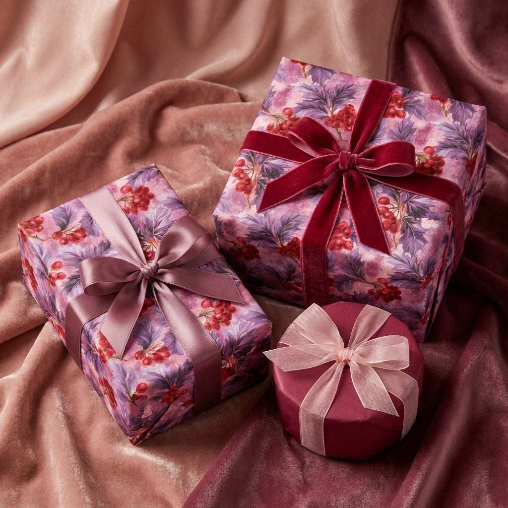 Elegant purple floral wrapping paper with berry print and luxury velvet ribbons by Wrapped Studios.