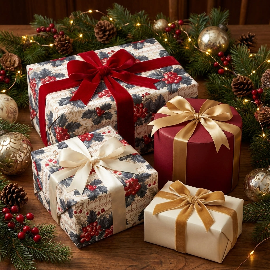 Elegant Christmas wrapping paper with vintage holly pattern and red velvet ribbons by Wrapped Studios.