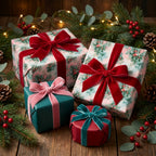 Luxury floral Christmas wrapping paper with red velvet bows on holiday gifts by Wrapped Studios.