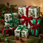 Luxury Christmas gift wrap in holly print with velvet and satin ribbons by Wrapped Studios.