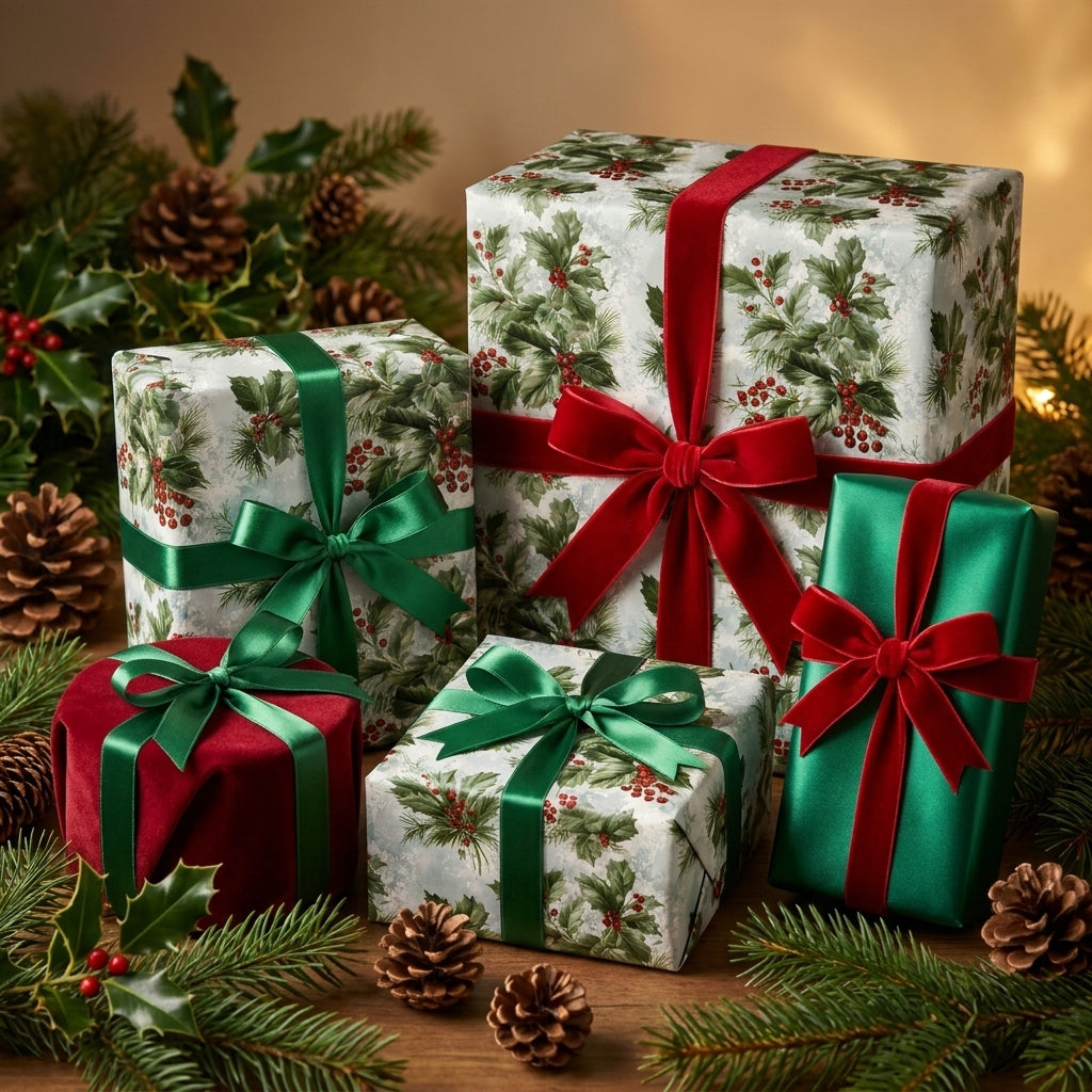 Luxury Christmas gift wrap in holly print with velvet and satin ribbons by Wrapped Studios.