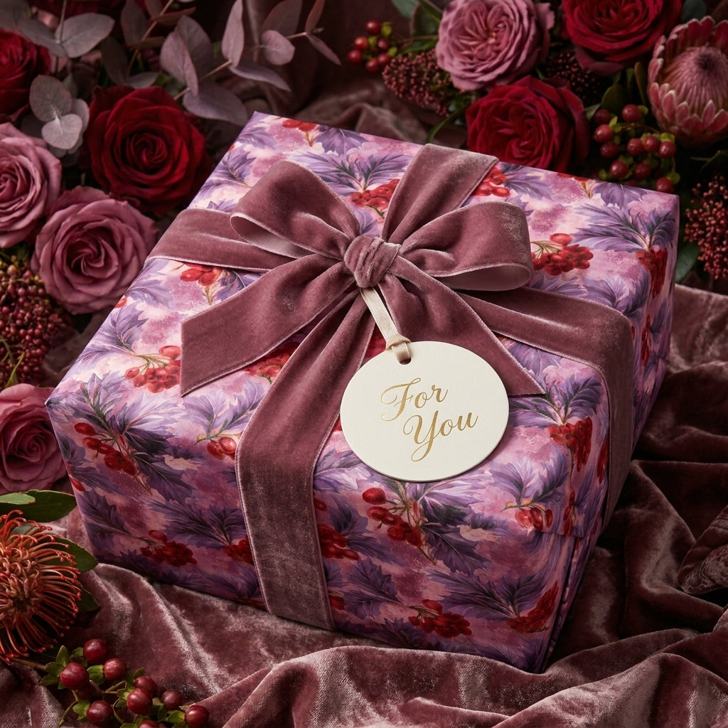 Luxury purple floral wrapping paper with a mauve velvet ribbon and For You tag by Wrapped Studios.