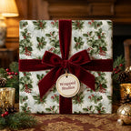 Luxury vintage Christmas wrapping paper with holly pattern and red velvet bow by Wrapped Studios.