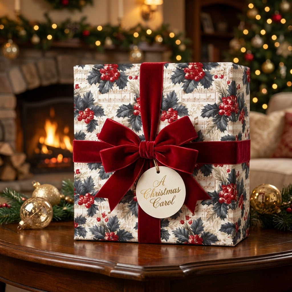 Vintage holly Christmas wrapping paper with a red velvet bow by Wrapped Studios.