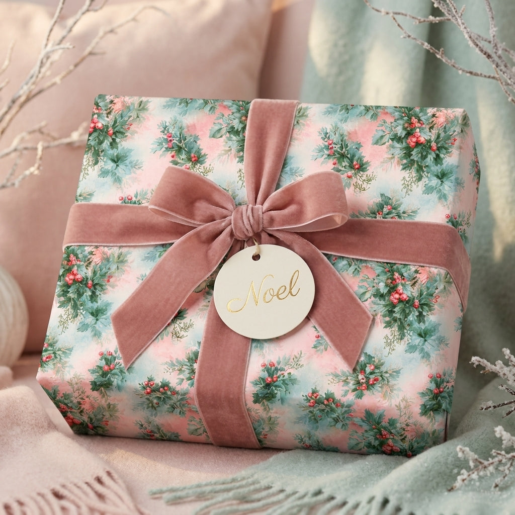 Vintage botanical Christmas wrapping paper with a pink velvet bow and Noel tag by Wrapped Studios.