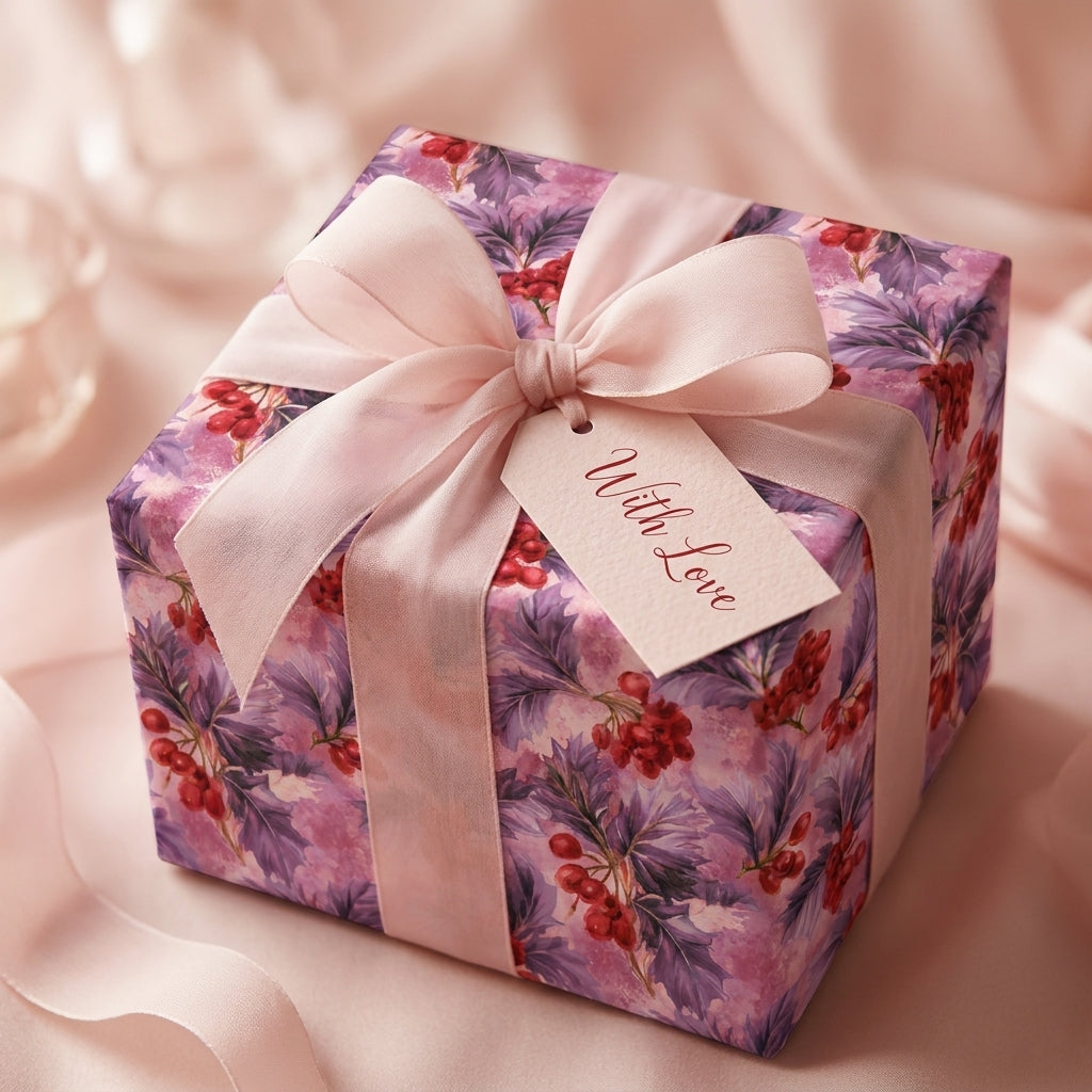 Luxury purple floral wrapping paper with a pink ribbon bow on a gift box by Wrapped Studios.