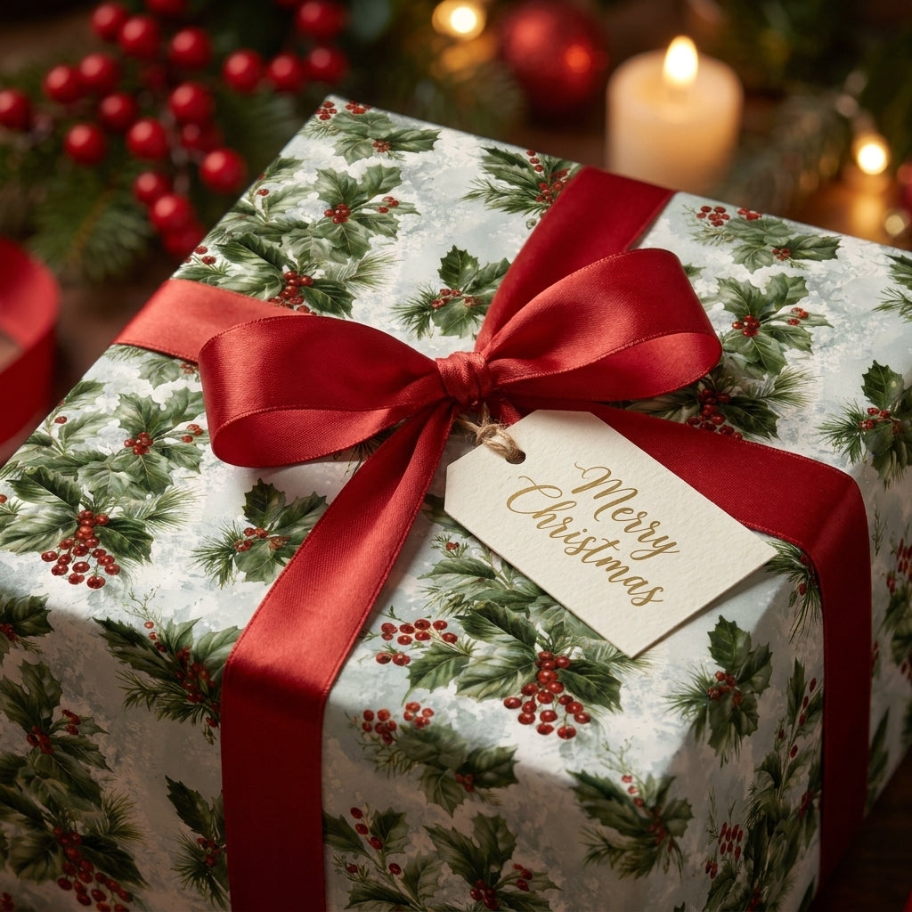 Vintage holly Christmas gift wrap with a red satin ribbon and Merry Christmas tag by Wrapped Studios.