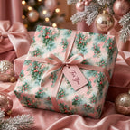 Vintage pink Christmas wrapping paper with a holly pattern on a luxury gift box by Wrapped Studios.
