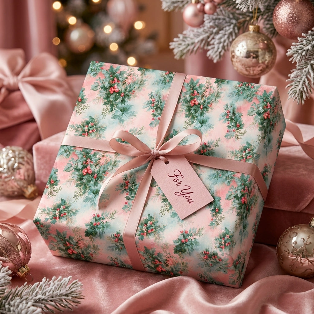Vintage pink Christmas wrapping paper with a holly pattern on a luxury gift box by Wrapped Studios.