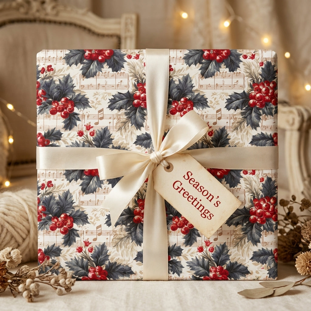 Vintage Christmas wrapping paper with sheet music and holly, tied with an ivory ribbon by Wrapped Studios.