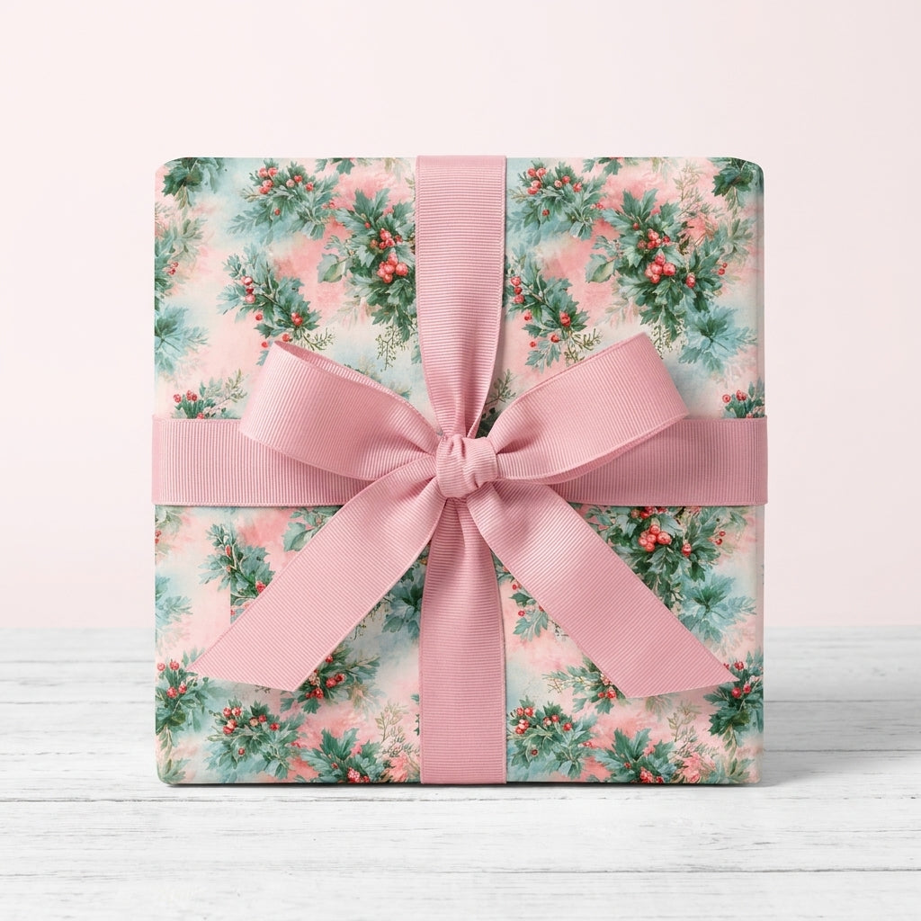 Vintage floral Christmas wrapping paper with pink ribbon bow on a gift box, by Wrapped Studios.
