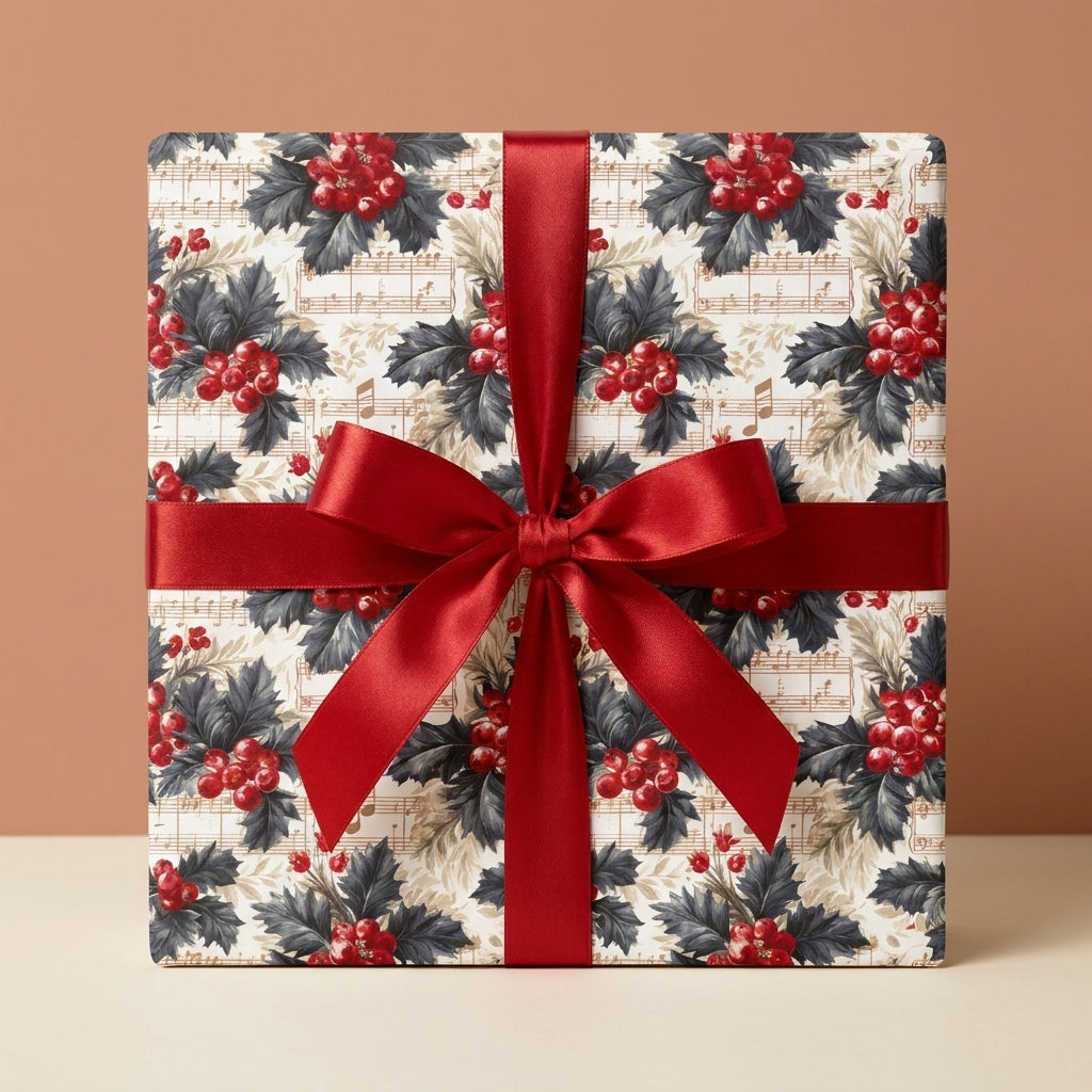 Vintage music sheet and holly Christmas wrapping paper with a red satin bow by Wrapped Studios.