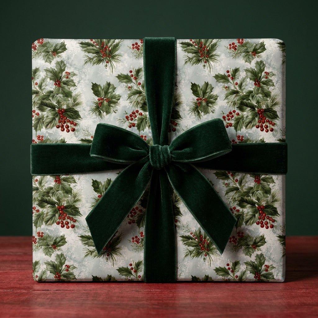 Vintage holly Christmas wrapping paper with a luxury green velvet ribbon on a gift box by Wrapped Studios.