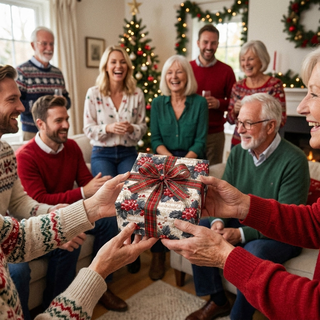 Family exchanging a gift in vintage Christmas wrapping paper with plaid bow. Gift wrap by Wrapped Studios.