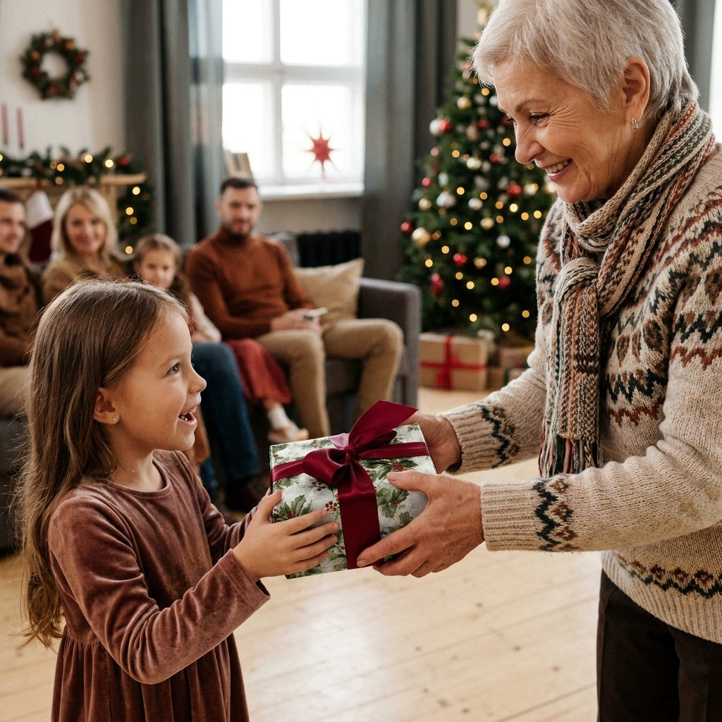 Grandmother giving girl a gift in holly Christmas wrapping paper with red ribbon. Wrapped Studios.