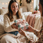 Woman receiving a gift in pink Christmas wrapping paper with a dusty pink bow, by Wrapped Studios.