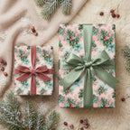 Vintage pink floral Christmas wrapping paper with elegant velvet and satin ribbons by Wrapped Studios.