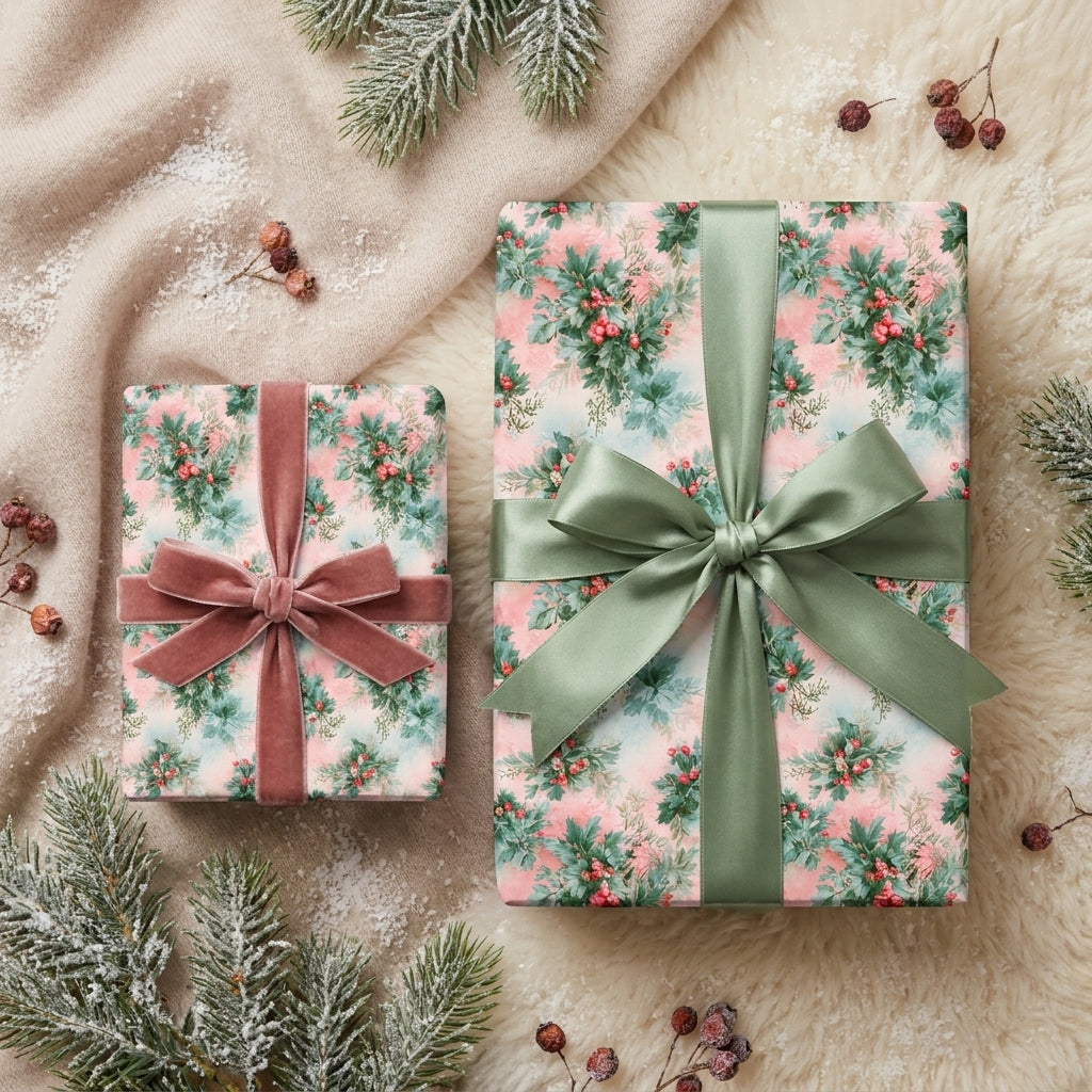 Vintage pink floral Christmas wrapping paper with elegant velvet and satin ribbons by Wrapped Studios.