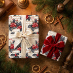 Vintage Christmas wrapping paper with holly and sheet music on holiday gifts by Wrapped Studios.