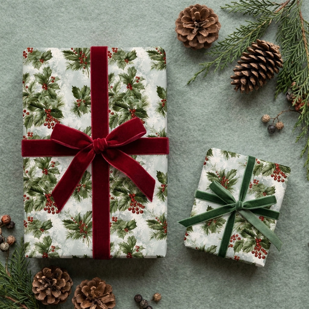 Vintage holly Christmas gift wrap by Wrapped Studios with luxury velvet ribbons on holiday presents.