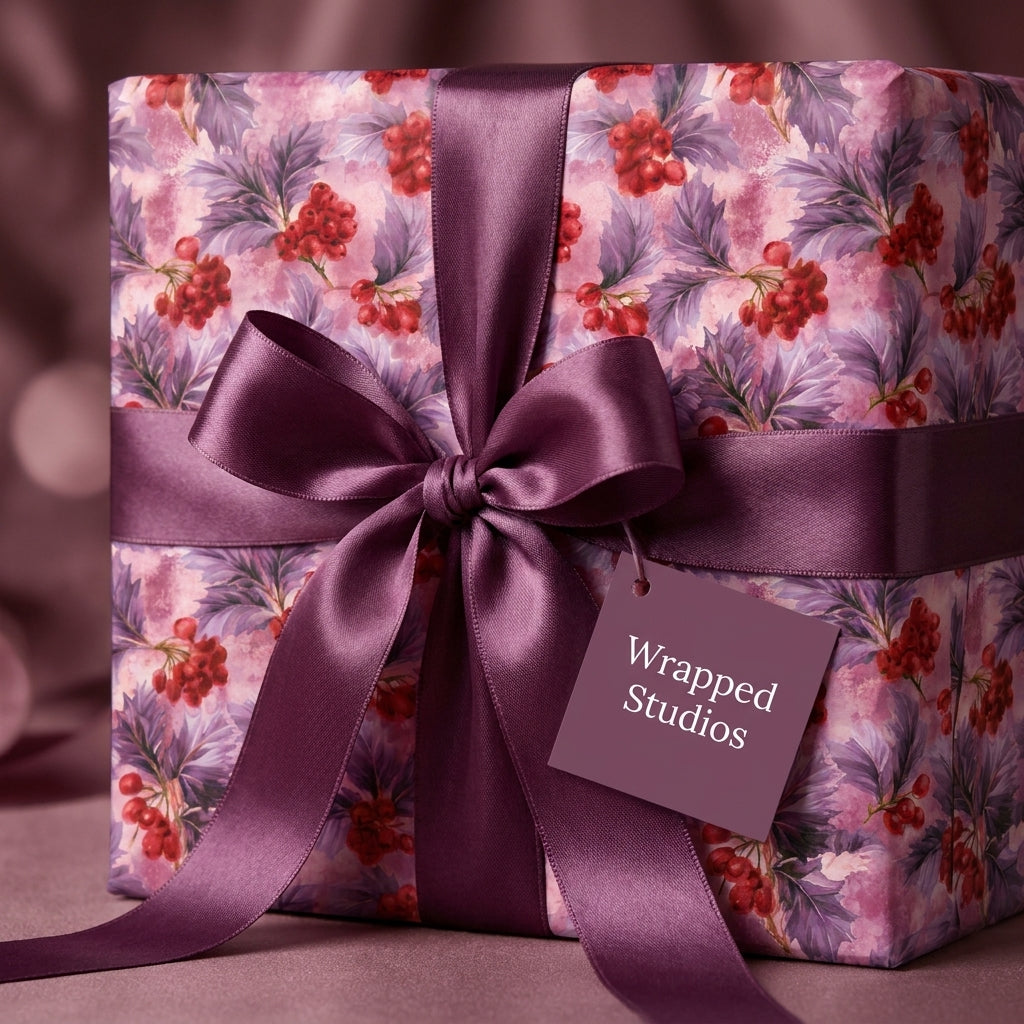 Luxury purple floral Christmas wrapping paper with a satin plum bow, by Wrapped Studios.
