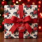 Vintage Christmas wrapping paper with holly and music notes, tied with a red bow by Wrapped Studios.